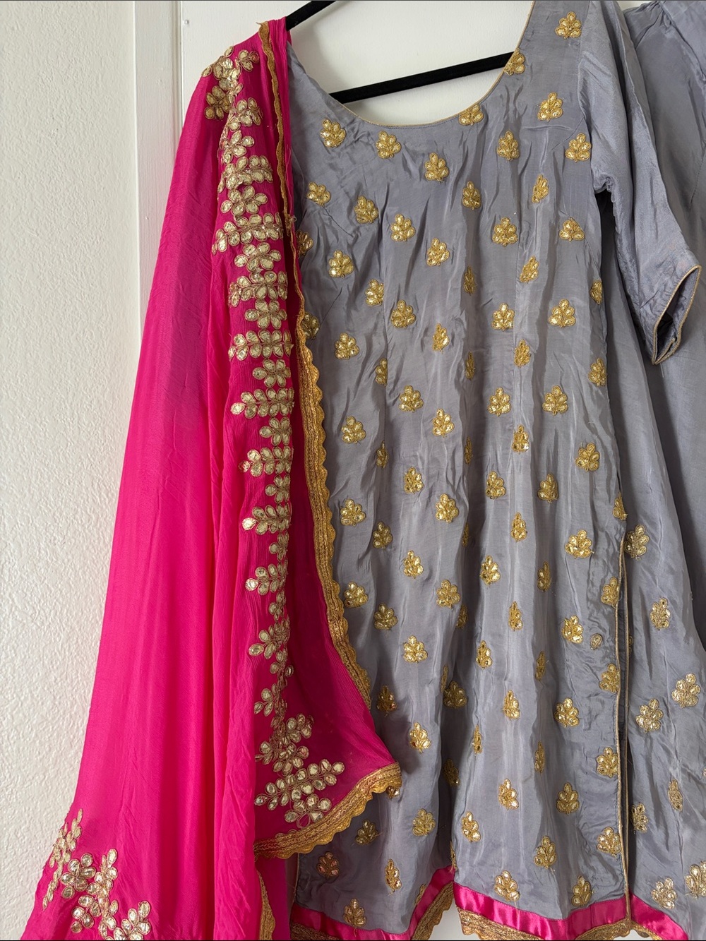 Gray & Pink Embroidered Palazzo Skirt Set with Gold Accents
